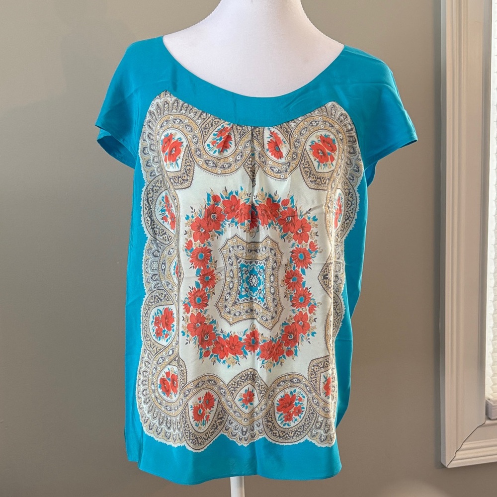 Silk Teal and Cream Women's Top with Floral Pattern, size S